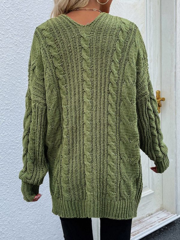 Woven Right Cable-Knit Open Front Cardigan with Front Pockets - Image 15