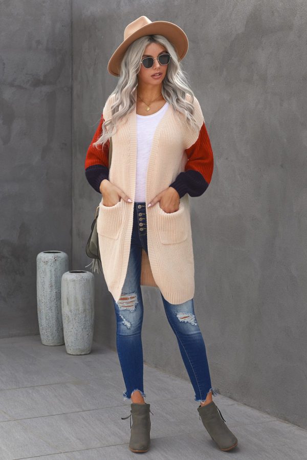 Color Block Rib-Knit Longline Cardigan with Front Pockets - Image 6