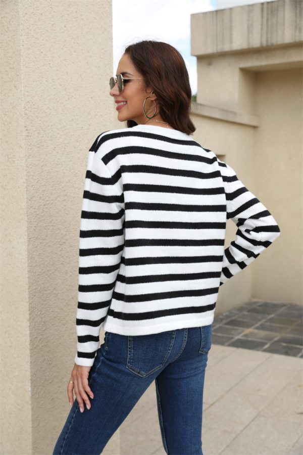 Striped Round Neck Button-Down Dropped Shoulder Cardigan - Image 2