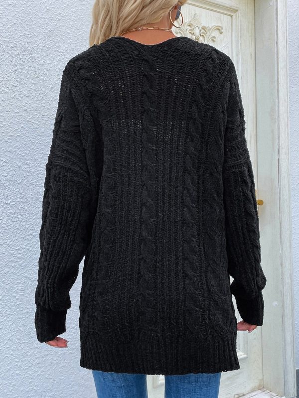 Woven Right Cable-Knit Open Front Cardigan with Front Pockets - Image 22