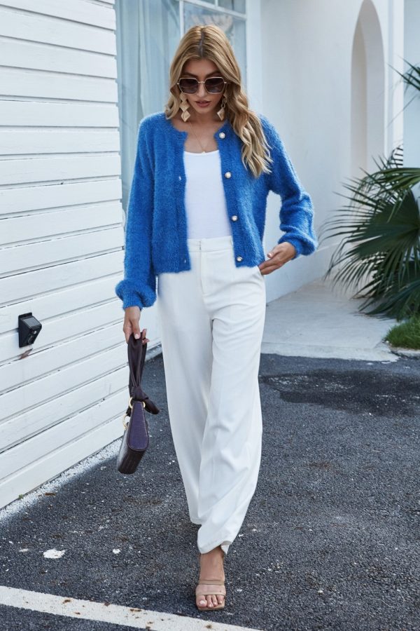 Round Neck Dropped Shoulder Fuzzy Cardigan - Image 6