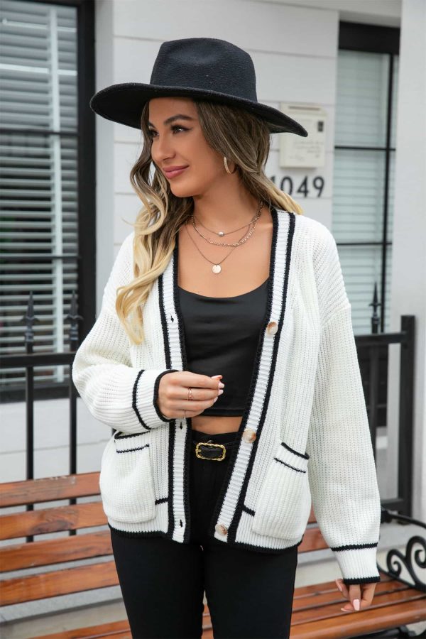 Waffle Knit V-Neck Cardigan with Pocket - Image 11