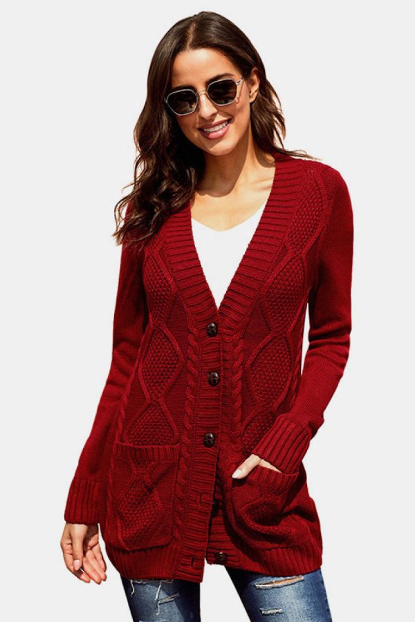 Woven Right Button Pocket Cable Knit Cardigan - Image 7