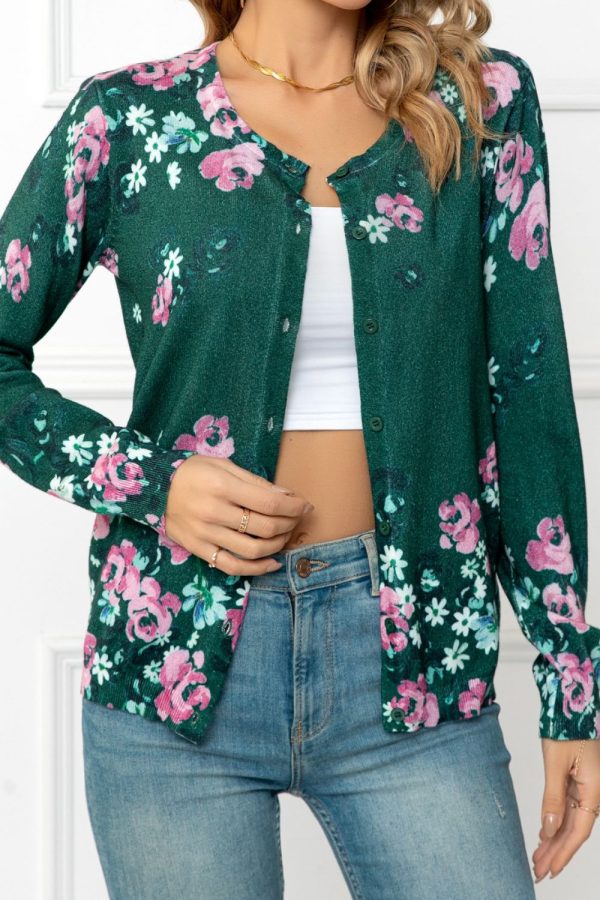 Woven Right Floral Button Front Round Neck Cardigan - Image 11