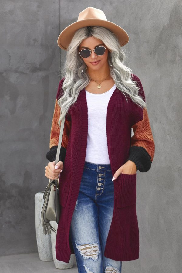 Color Block Rib-Knit Longline Cardigan with Front Pockets - Image 8