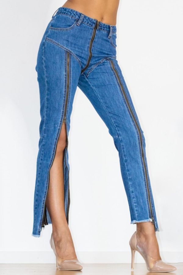 Zip Detail Slit Long Jeans - Image 3