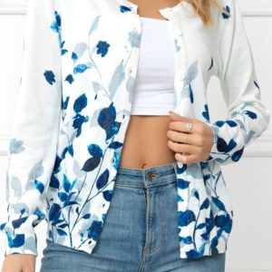 Woven Right Floral Button Front Round Neck Cardigan