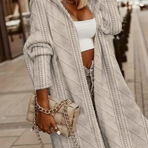 Solid Fashion Textured Open Front Hoodie Stylish ThighLength Coat