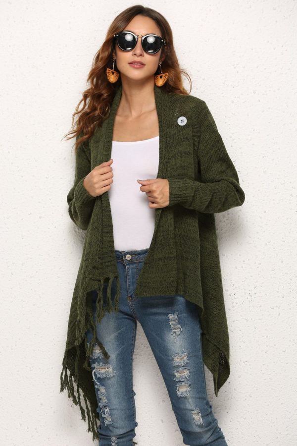 One-Button Tassel Tie Asymmetrical Hem Cardigan - Image 6