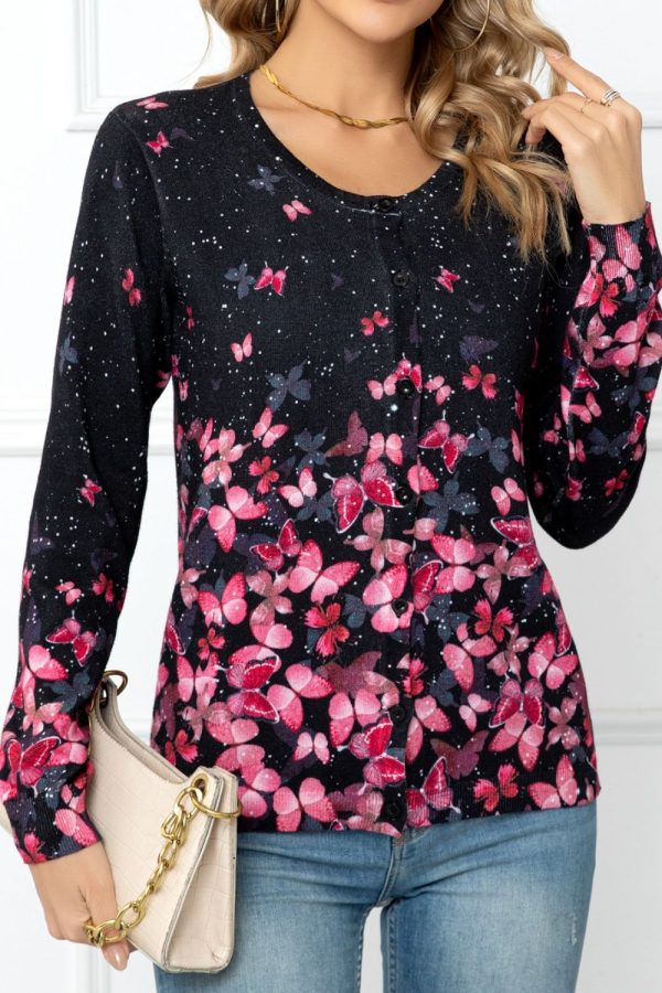 Woven Right Floral Button Front Round Neck Cardigan - Image 8
