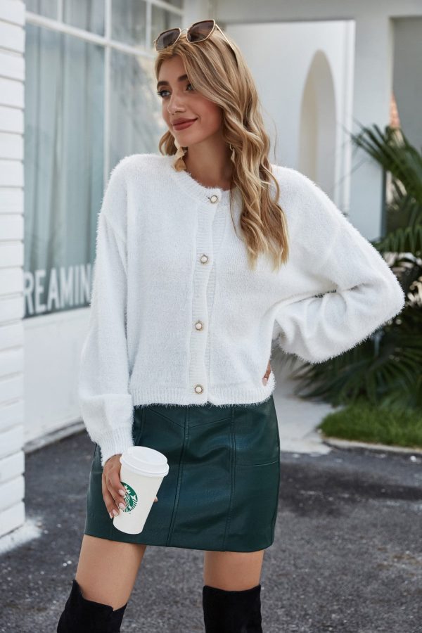 Round Neck Dropped Shoulder Fuzzy Cardigan - Image 11