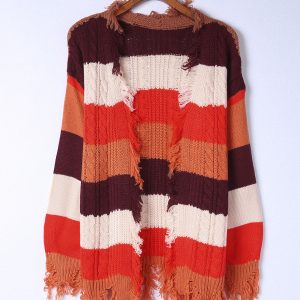 Color Block Frayed Hem Open Front Cardigan
