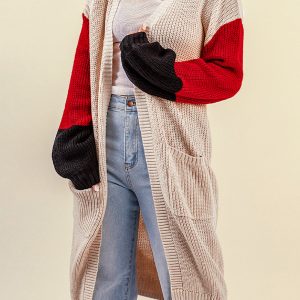 Color Block Rib-Knit Longline Cardigan with Front Pockets