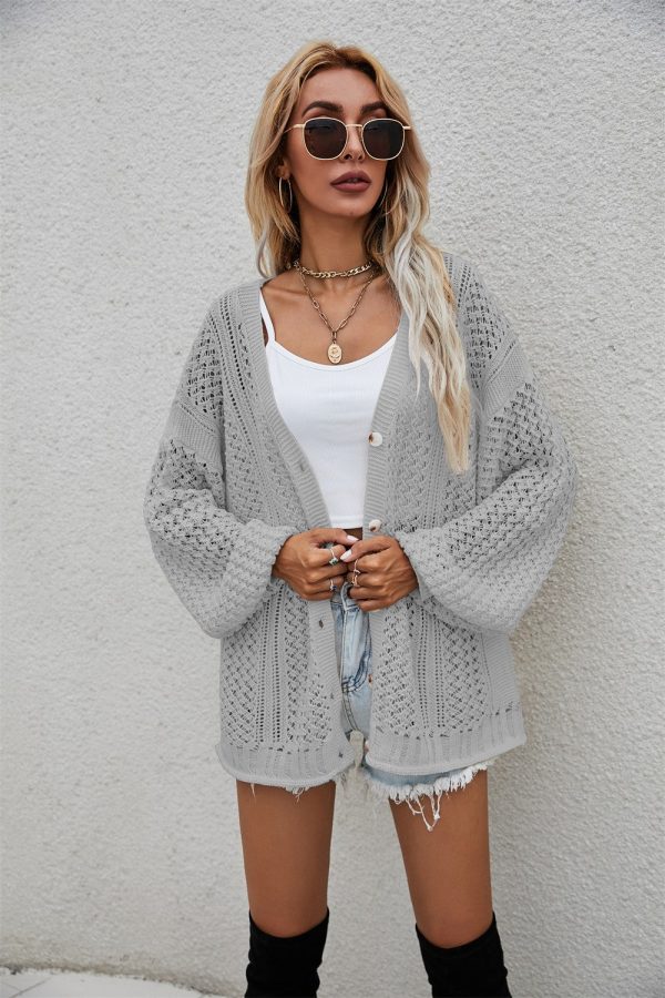 Openwork V-Neck Dropped Shoulder Cardigan - Image 16