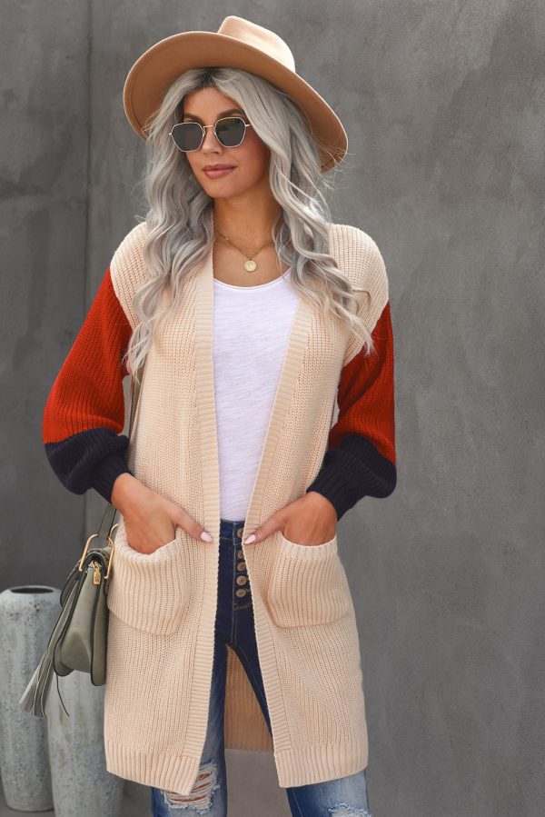 Color Block Rib-Knit Longline Cardigan with Front Pockets - Image 4