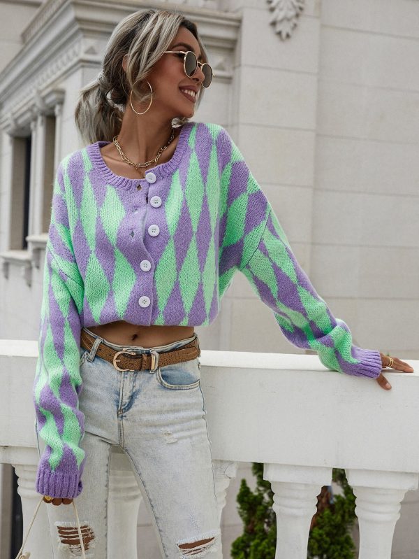 Woven Right Argyle Button Front Drop Shoulder Cardigan - Image 11