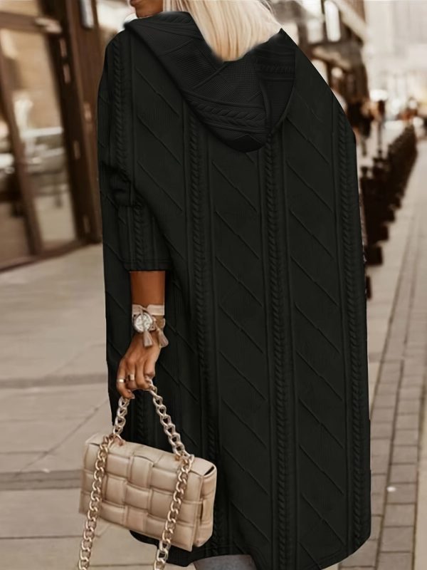 Solid Fashion Textured Open Front Hoodie Stylish ThighLength Coat - Image 9