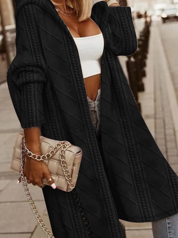 Solid Fashion Textured Open Front Hoodie Stylish ThighLength Coat - Image 3
