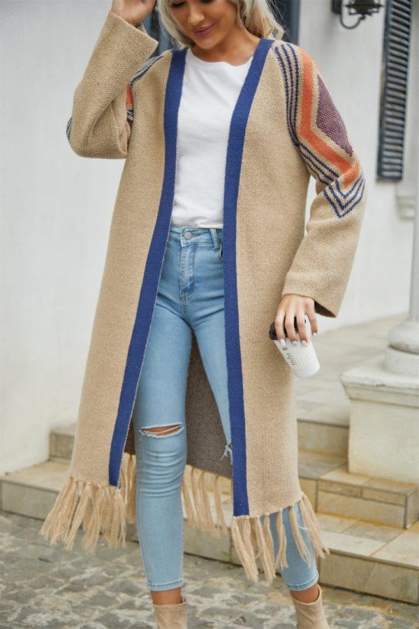 Double Take Geometric Fringe Hem Open Front Duster Cardigan - Image 7