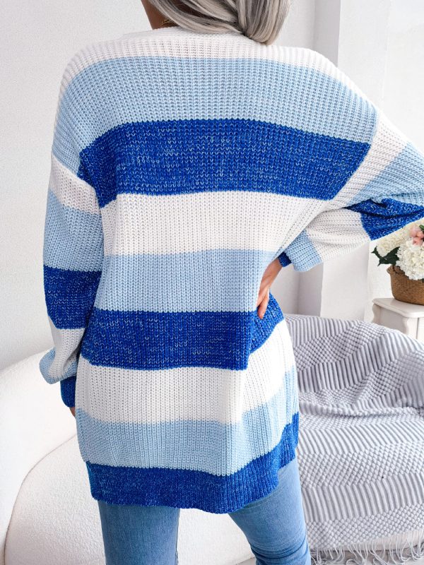 Striped Rib-Knit Open Front Longline Cardigan - Image 10