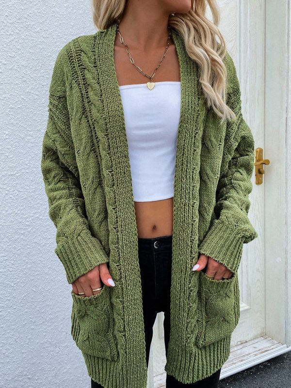 Woven Right Cable-Knit Open Front Cardigan with Front Pockets - Image 12