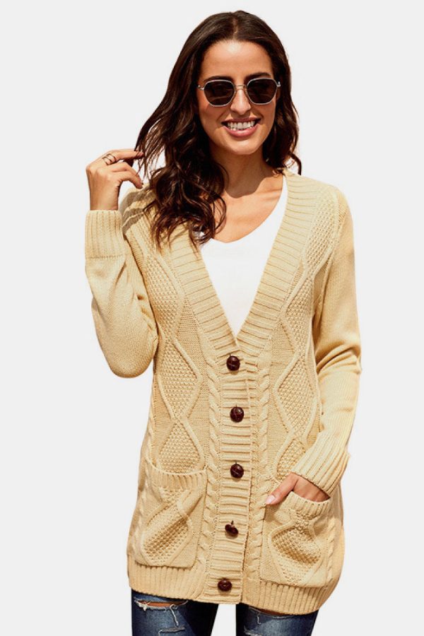 Woven Right Button Pocket Cable Knit Cardigan - Image 8