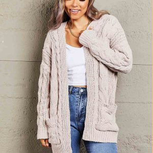 Woven Right Cable-Knit Open Front Cardigan with Front Pockets