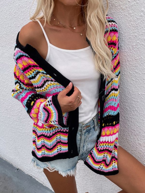 Chevron Stripes Openwork Cardigan - Image 4