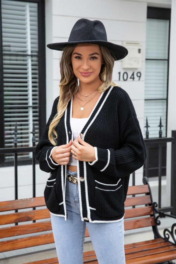 Waffle Knit V-Neck Cardigan with Pocket - Image 6