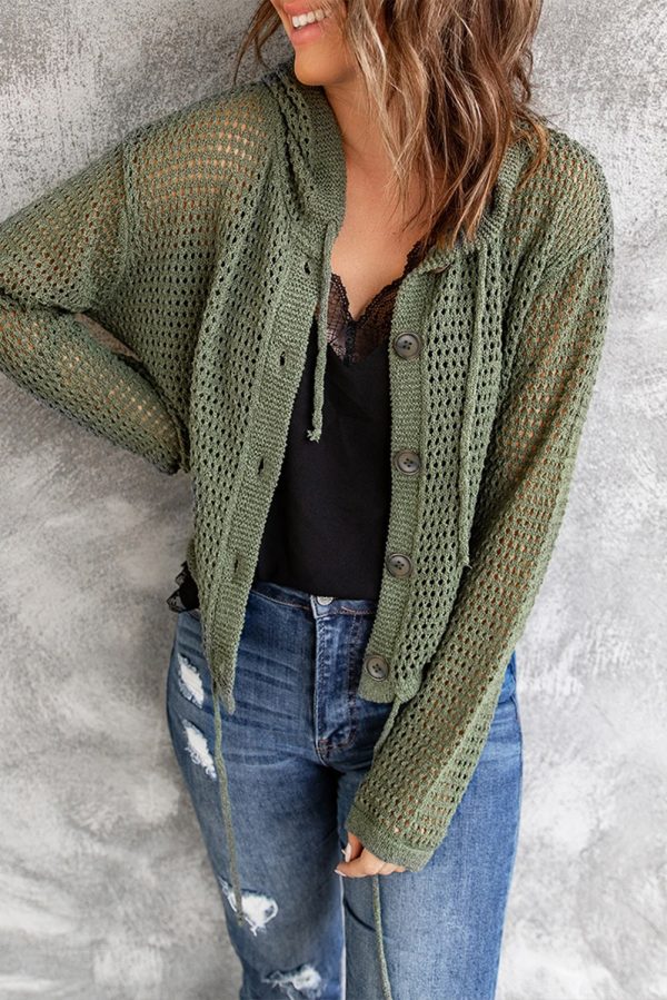 Button-Up Drawstring Detail Openwork Hooded Cardigan - Image 3