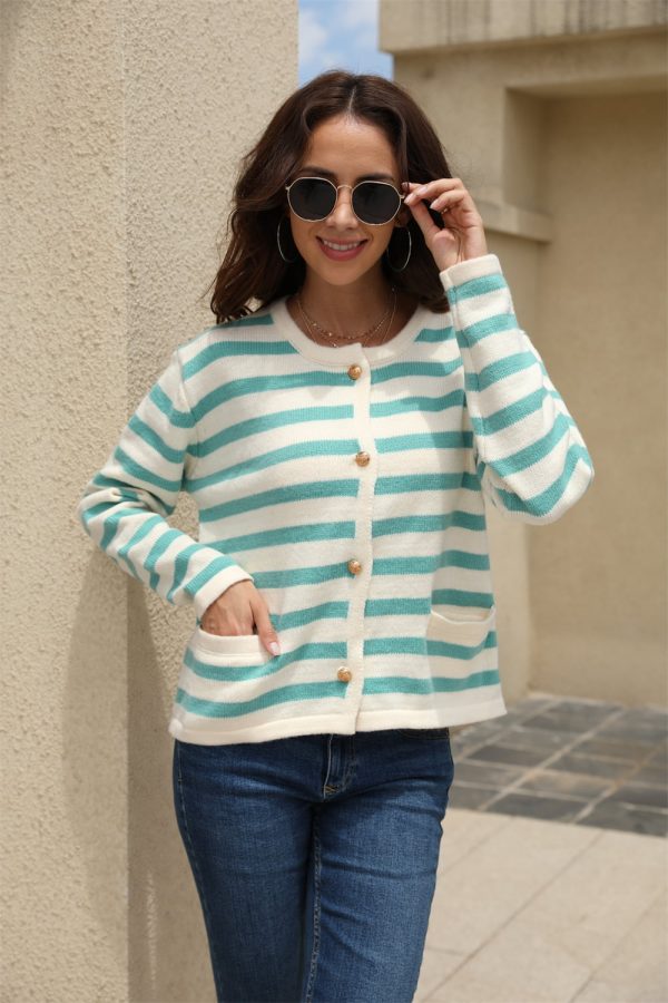 Striped Round Neck Button-Down Dropped Shoulder Cardigan - Image 12