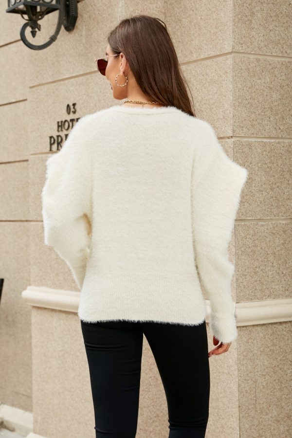 Woven Right Puff Sleeve V-Neck Fuzzy Cardigan - Image 2