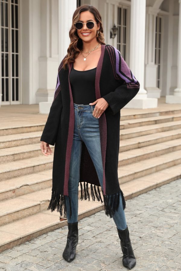 Double Take Geometric Fringe Hem Open Front Duster Cardigan - Image 18
