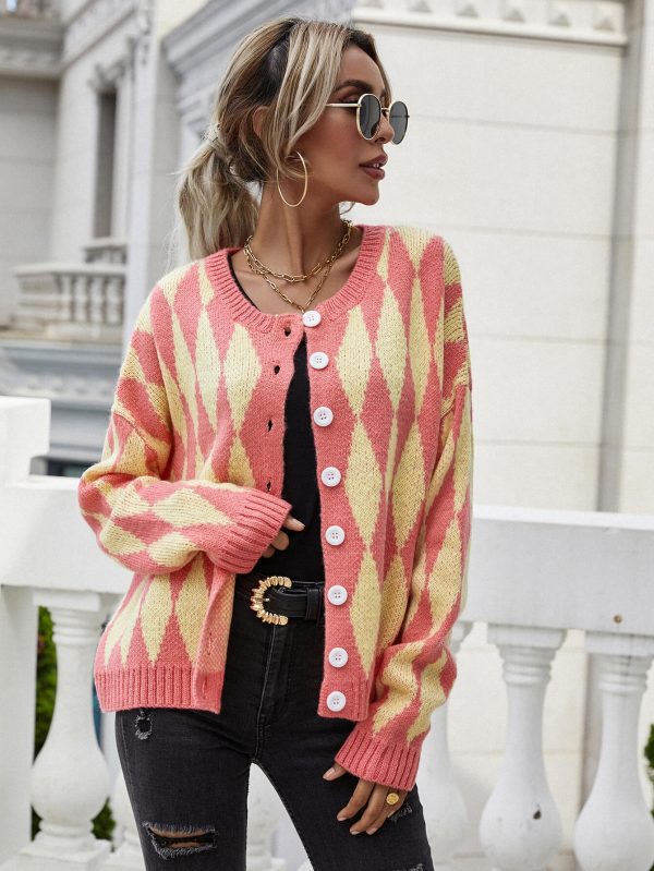 Woven Right Argyle Button Front Drop Shoulder Cardigan - Image 3