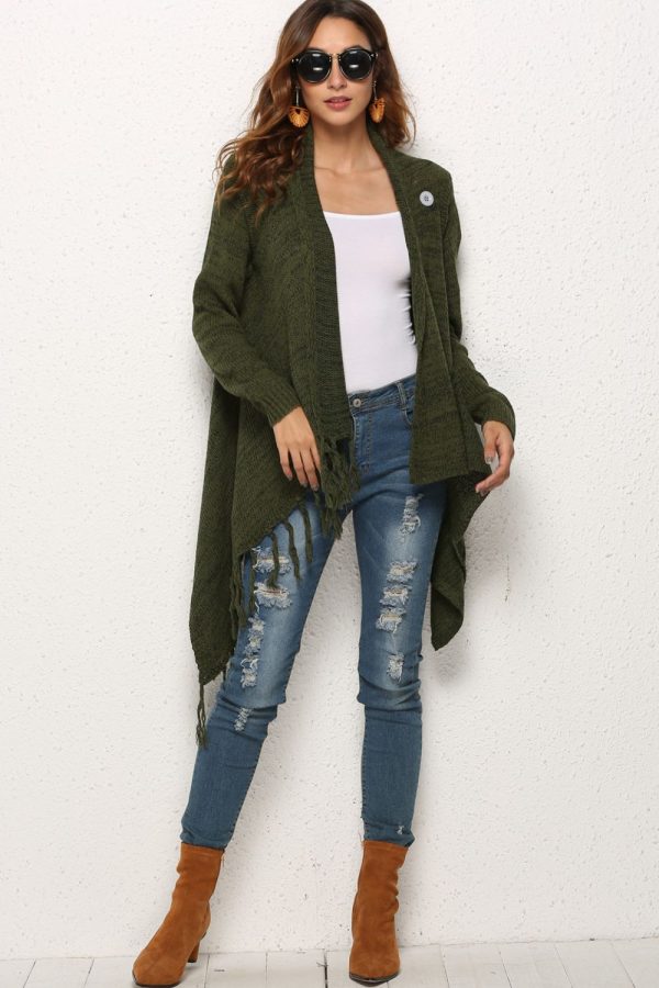 One-Button Tassel Tie Asymmetrical Hem Cardigan - Image 10