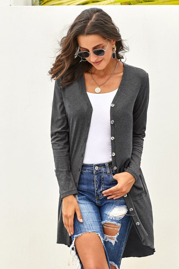 V-Neck Long Sleeve Cardigan with Pocket - Image 29