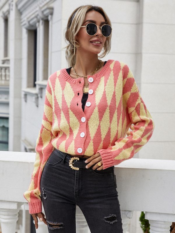 Woven Right Argyle Button Front Drop Shoulder Cardigan - Image 4