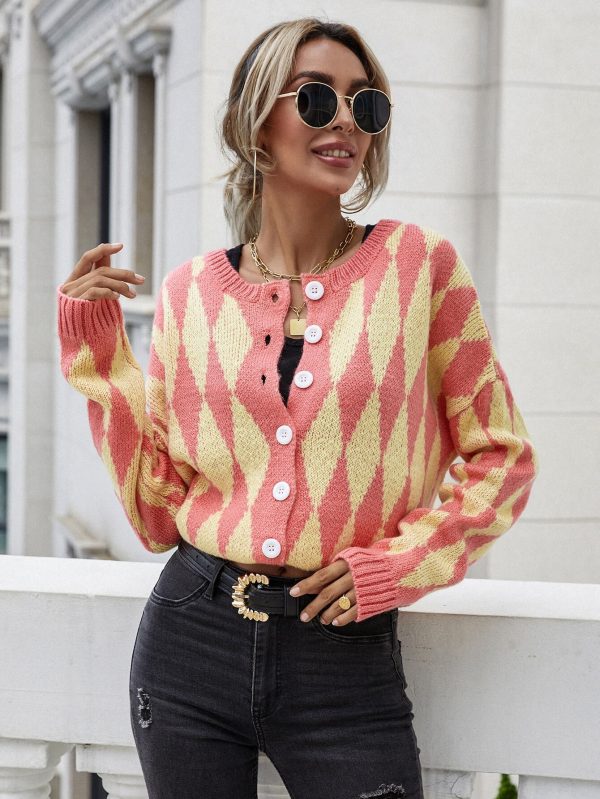 Woven Right Argyle Button Front Drop Shoulder Cardigan - Image 5