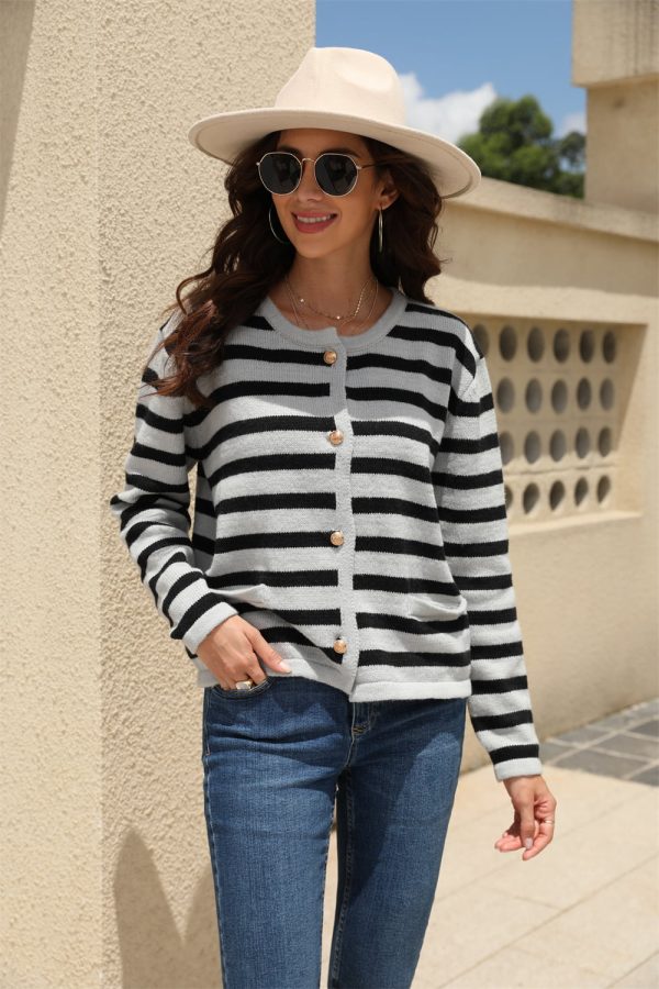 Striped Round Neck Button-Down Dropped Shoulder Cardigan - Image 14