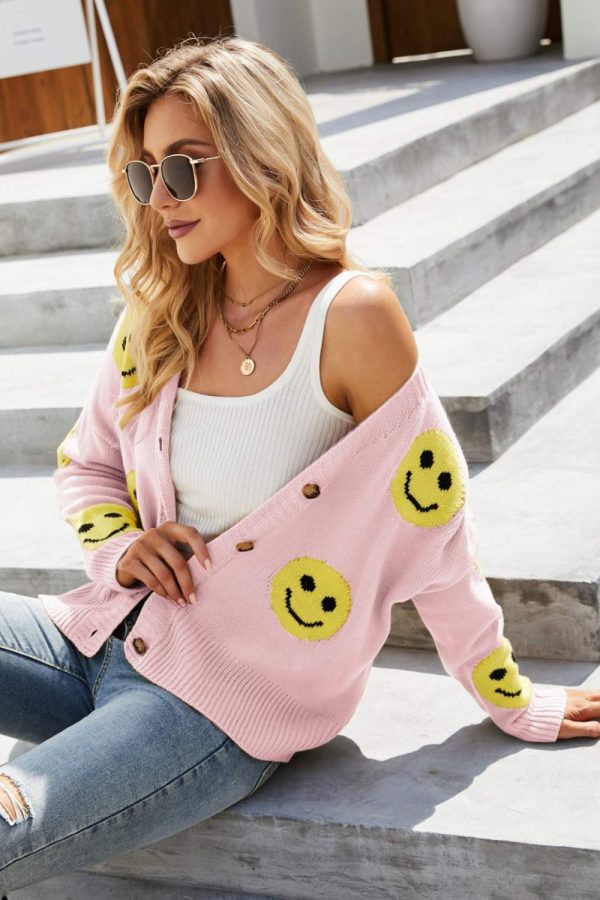 Smiley Face Ribbed Trim V-Neck Cardigan - Image 3