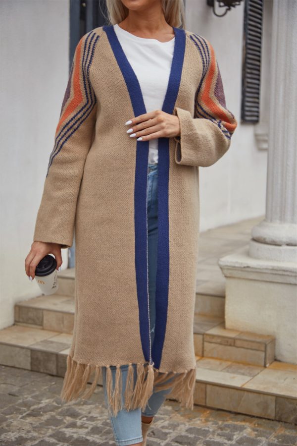 Double Take Geometric Fringe Hem Open Front Duster Cardigan - Image 8