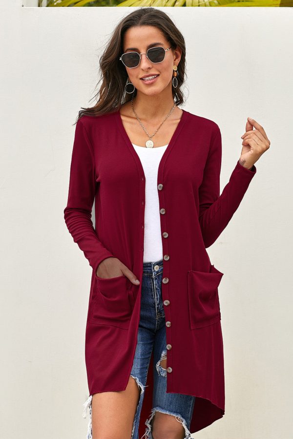 V-Neck Long Sleeve Cardigan with Pocket - Image 13