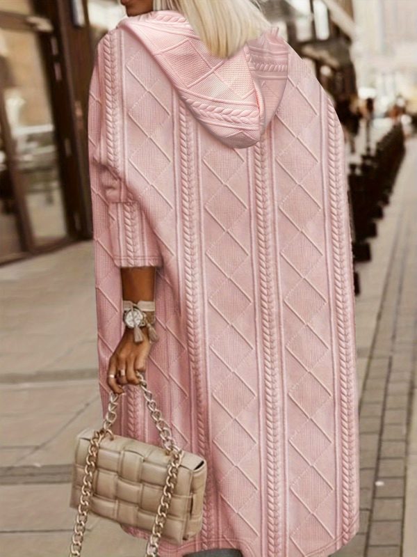 Solid Fashion Textured Open Front Hoodie Stylish ThighLength Coat - Image 11