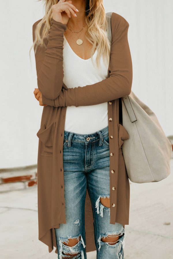 V-Neck Long Sleeve Cardigan with Pocket - Image 26