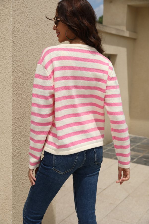 Striped Round Neck Button-Down Dropped Shoulder Cardigan - Image 10