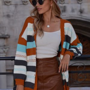 Striped Drop Shoulder Open Front Cardigan