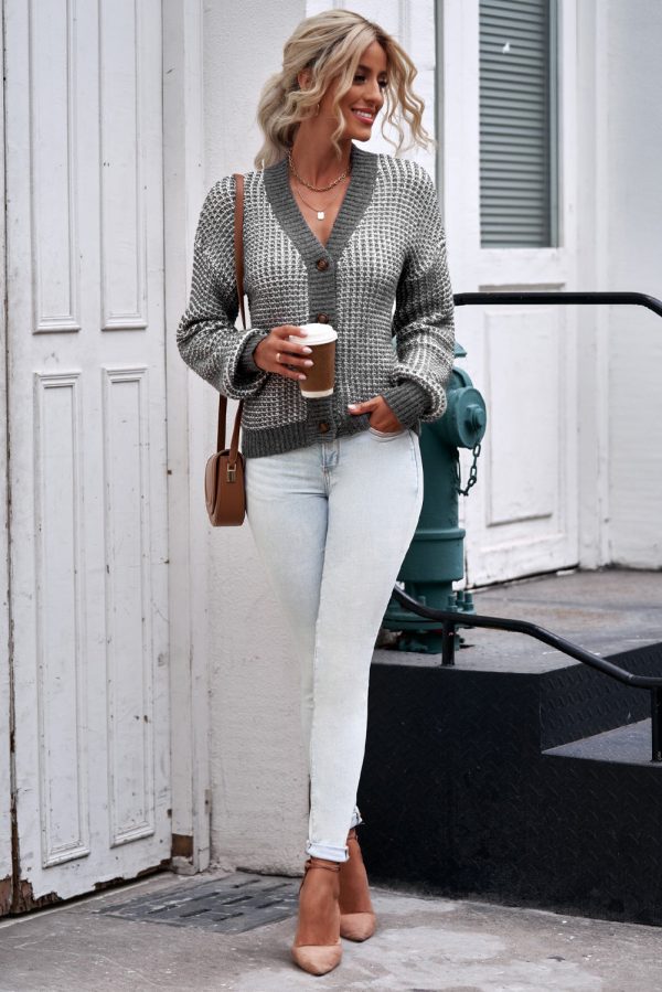 Woven Right Waffle-Knit Drop Shoulder Button-Down Cardigan - Image 13