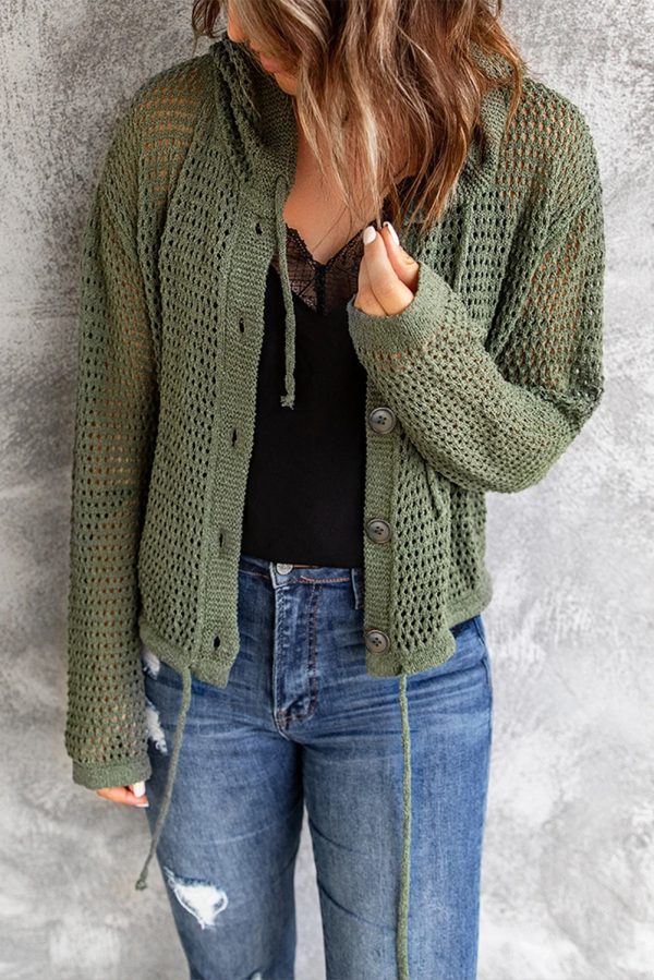 Button-Up Drawstring Detail Openwork Hooded Cardigan - Image 4
