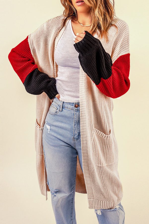 Color Block Rib-Knit Longline Cardigan with Front Pockets - Image 2