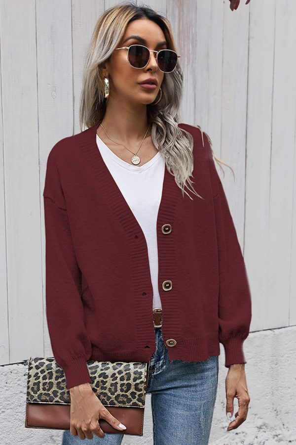 V-Neck Button-Down Dropped Shoulder Cardigan - Image 26